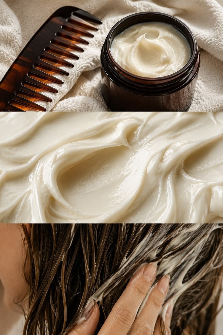 Pot de masque capillaire, peigne et application d’un soin sur les longueurs